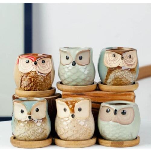 1-6pcs Ceramic Owl Shape Garden Flower Pot Desk Plant Pot Creative Design Succulent Planter Pot Home Garden Decoration Outdoor