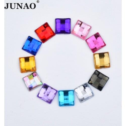 JUNAO 500pcs 14mm Acrylic Flatback Square Rhinestones Glue On Clear Crystals Stones Non Hotfix Crystal AB Strass for Clothes