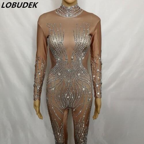 Silver Rhinestones Nude Color Jumpsuit Sexy Nightclub Bar Female Singer Costume Acrobatic Performance Elastic Rompers Stage Wear