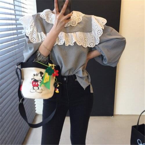 RUGOD 2021 round neck plaid ruffled lace stitching blouse