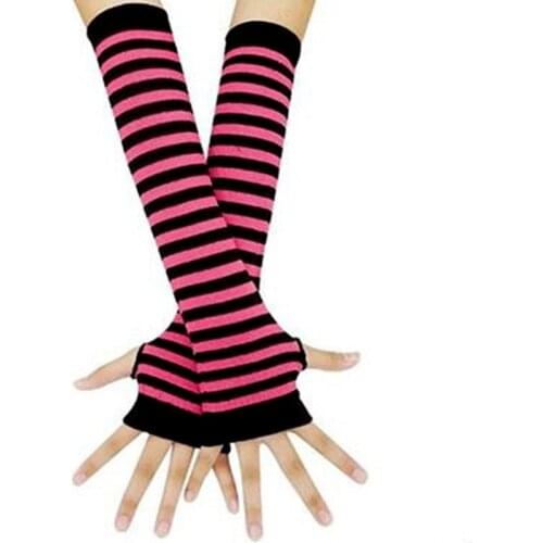 L93F Women Winter Warm Cable Knitted Long Fingerless Gloves Chunky Crochet Striped Color Arm Warmers Thumbhole Half Finger
