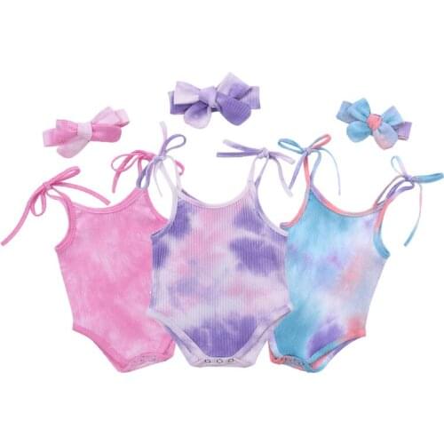 Toddler Baby Boys Girls Summer Clothes Newborn Infant Kids Sleeveless Bandage Tie Dye Rompers Jumpsuits Headband Cotton Outfits