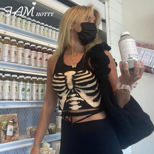 IAMHOTTY Gothic Printed Black Tank Top Women Dark Academia Vintage Cute Casual Camisole Summer High Street Clothes Summer Tees