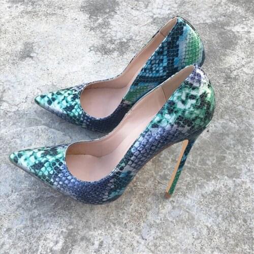 Fashion ladies shallow 12cm high heels pumps serpentine color mixing dress women shoes PU Leather plus size 45 QP050 CHENSIR9