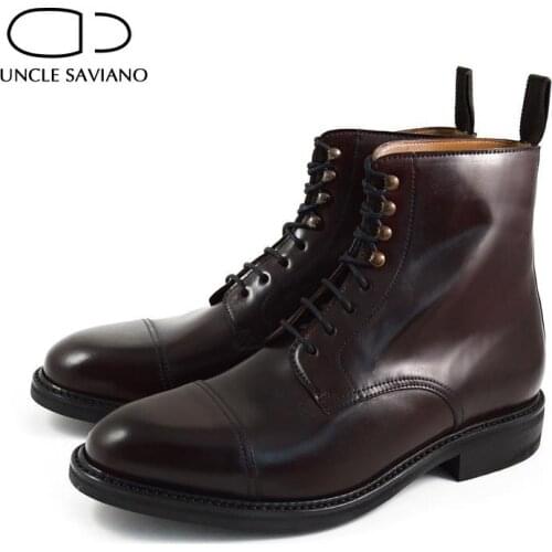 Uncle Saviano Solid Winter Mens Boots Shoes Non-Slip Add Velvet Work Boots Fashion Designer Genuine Leather Handmand Shoes Men