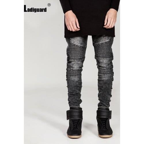 Ladiguard Men Jeans Denim Pants 2021 Autumn New Pleated Bottoms Pant Sexy Mens clothing Hole Ripped Denim Jeans Pencil Trousers