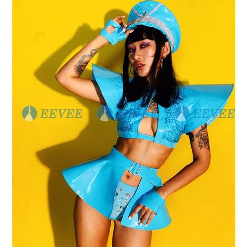 2019 New Jazz Dance Costumes Women Blue Rhinestones Hip Hop Nightclub Sexy Bar Dj Female Singer Costume Hat Stage Outfit