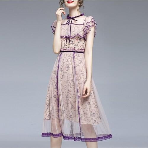 New Arrival Fashion Ruffled Mesh Dress Women Summer Lace Hollow Out Patchwork Dresses Vintage Elegant Mid-calf Dress Vestidos