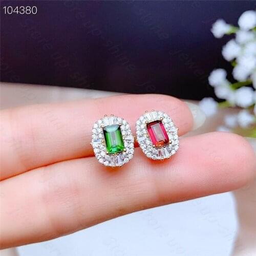 New Natural Tourmaline Earrings 925 Silver Womens Personality Earrings Red Tourmaline Green Tourmaline AB Style