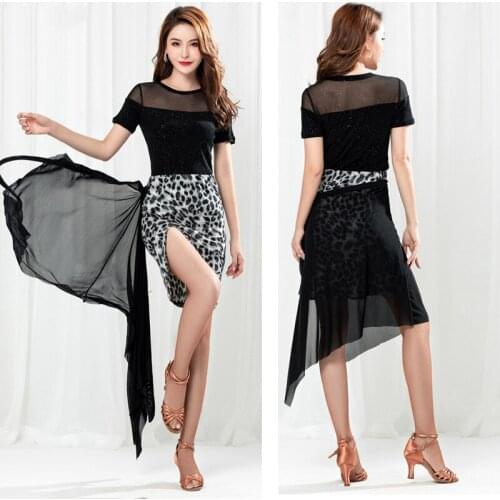 New Modern Ballroom Latin Dance Skirts Black Tops And Leopard Skirts Sets Salsa Tango Latin Dress Performance Stage Wear SL1867