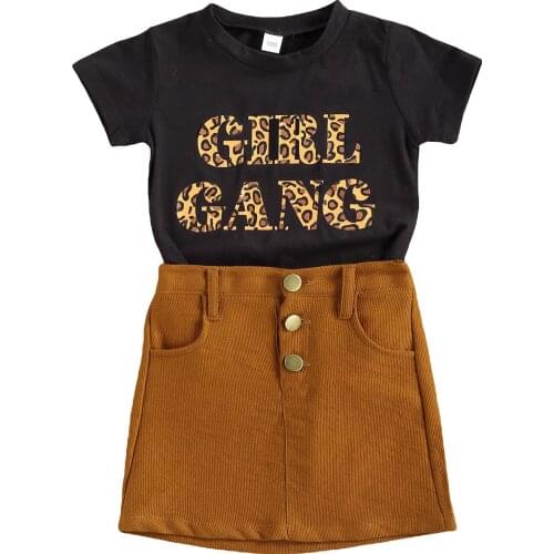 OPPERIAYA 2Pcs Toddler Summer Outfits Baby Girls Leopard Letter Print Short Sleeve Round Neck T-shirts Solid Side Pocket Skirts