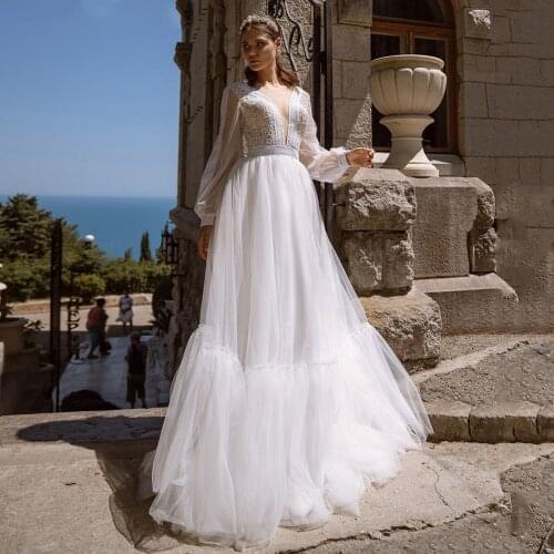 Sexy See Through Wedding Dress Long Sleeves Lace Appliques Tulle Bridal Gowns V Neck Draped Beach Bride Dresses