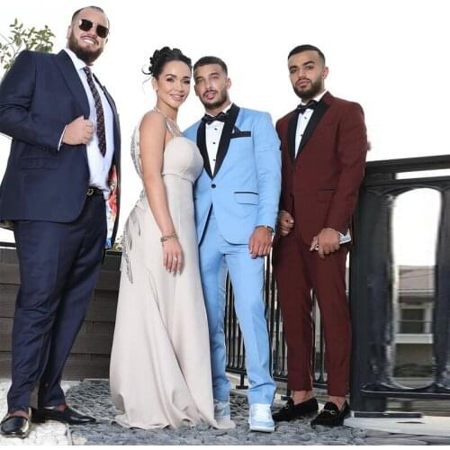 Blue Slim Fit Mens Tuxedos For Wedding One Button Black Shawl Lapel Prom Suit Custom Made Best Man Wears