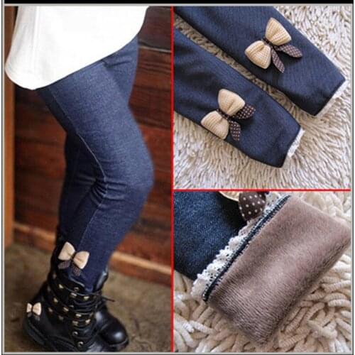 Thicken Flannel Leggings Winter Girls High waist Warm Jeans Pants Bow Lace