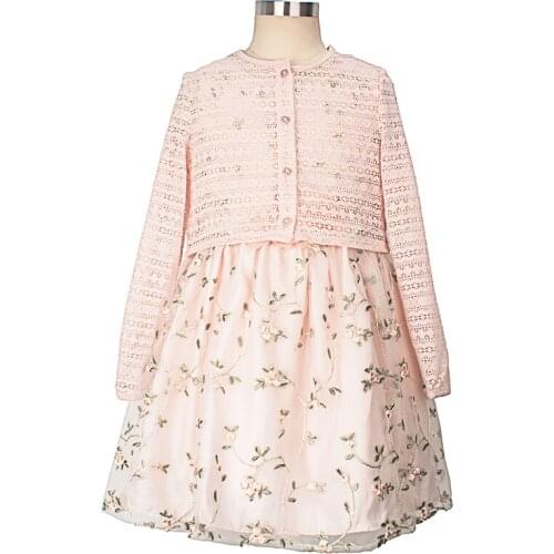 Yatheen Little Girls 24M-6T Spring/Autumn Party Dress Sets Embroidered Floral Dress Lace Full Sleeves Cardigan