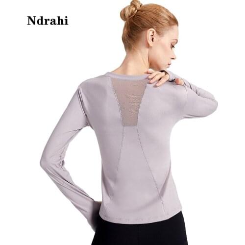 Ladies Long Finger Sleeve Sport Shirt Round Neck Running Muscle Tank Exercise Gym Yoga Top Mesh Panels Fitness Athletic Garment