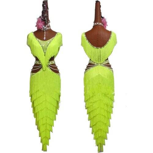 New Latin Dance Dress Women Fluorescent Yellow Pearl Chain Latin Dance Tassel Skirt High-end Competition Performance Clothing