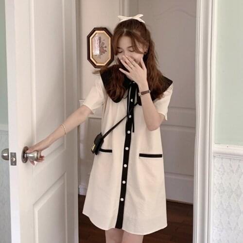 Korean Vintage Women Shirt Dress 2021 Summer New Peter Pan Collar Bandage Single-Breasted Dresses Sweet Lace-Up Loose Girl Dress