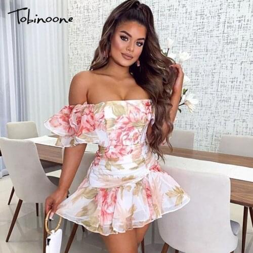 Tobinoone Summer Dress 2020 Retro Boho Women Off Shoulder Floral Print Mini Sexy Dress Butterfly Sleeve Party dress Vestidos