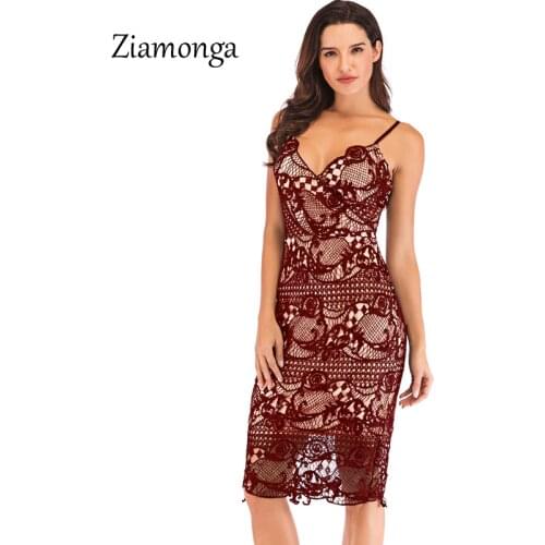 Ziamonga 2019 Summer Women Dress Lace Sleeveless V-Neck Bandage Bodycon Dress Sexy Party Slim Vintage Pencil Dresses Vestidos
