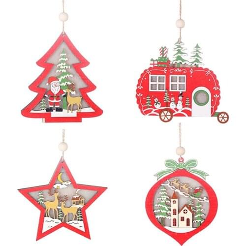 16 pcs Christmas Tree Hanging Ornaments Wooden Glittery Pendant Hanging Xmas Decoration Chalet Pendant LED Light Hanging Decor