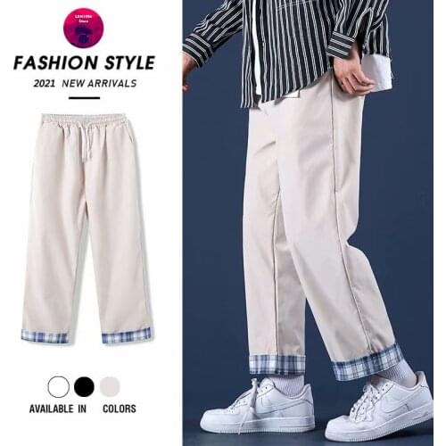 Casual Mens Clothing Japanese Fashion New Loose Plaid Pants Streetwear Men and Women Trousers Elastic Waist Straight-leg Pants