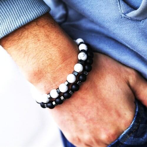 Black White 8mm natural stone beads bracelet 2pcs/set men women couple bracelets Jewellery for pulsera hombre armband 2021