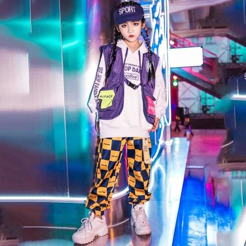 Children Hip Hop Dance Costume Kids Jazz Dance Outfit Yellow Checked Pants Stage Costume Ropa Hip Hop Hoodies Coat Pants VDB1329