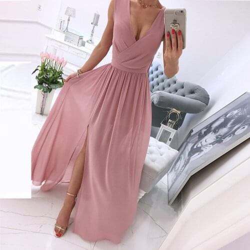 Elegant Deep V-Neck Summer Women Party Dress Sexy Solid Sleeveless Dancing Ladies Dress Fashion Slim Fitness Princess Long Dress