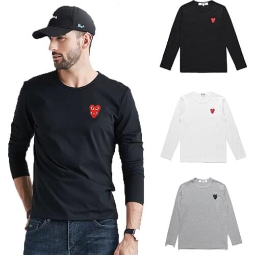 PALY Spring Summer T-shirt Men Women Embroidery Overlapping Double Heart Round Neck Long-sleeved Cotton Loose Couple ThinT-shirt