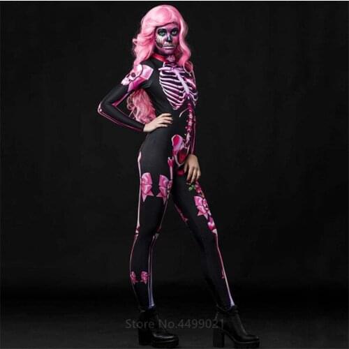 Pink Skeleton Halloween Cosplay Jumpsuit Wig Women Scary Costume Spooky Fancy Dress Day of The Dead Mummy Horror Carnival Party