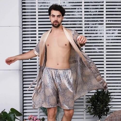 Two-Piece Home Men Satin Silk Nightgown Robe Shorts Pajama Set Bathrobe Pants Suit Sleepwear Summer Kimono Soft Cozy Bath Gown