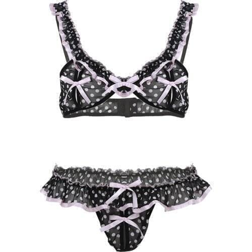 2Pcs Men Sissy Soft Underwear Elastic Frilly Ruffled Spots Lingerie Set Bikini Bra Top with Crotchless T-Back Briefs Underwear