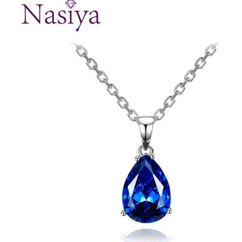 Nasiya Womens Sterling Silver 925 Necklaces Pendants Aquamarine Blue Sapphire Water Drop Gemstone Party Wedding Jewelry Gift