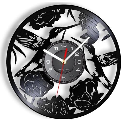 Birds & Flowers Wall Clock With LED Backlight Animal Plant Nature Gramophone Record Wall Watch Laser Etched Vinyl Timepieces