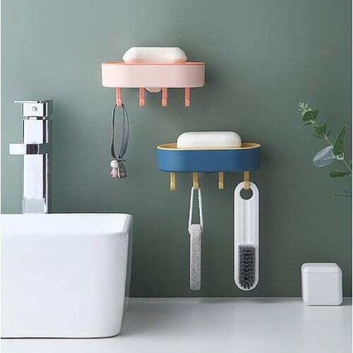 Soap Box with Hooks Wall Mounted Sponge Holder Adhesive Bathroom Self Soap Dish Shelf Bathroom Supplies