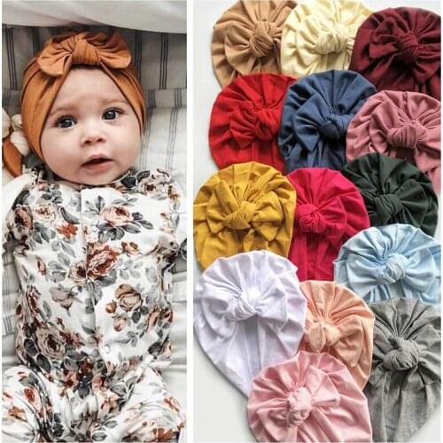 Solid Baby Cotton Beanies Cute Bear Ear Bowknot Turban Hats Sweet Soft Elastic Caps for Newborn Baby Boy Girls Headwraps