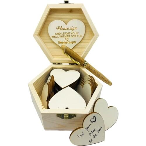 Personalized Wedding guest book with hearts Custom name date Wooden Keepsake Hexagon Box Bamboo Pen wedding Decor