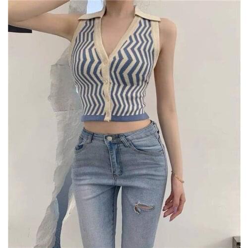 Sexy Stripes Crop Tops for Women T-Shirts Women Backless Crop Tops Female Knitted Button Up Halter Night Club Tank Tops