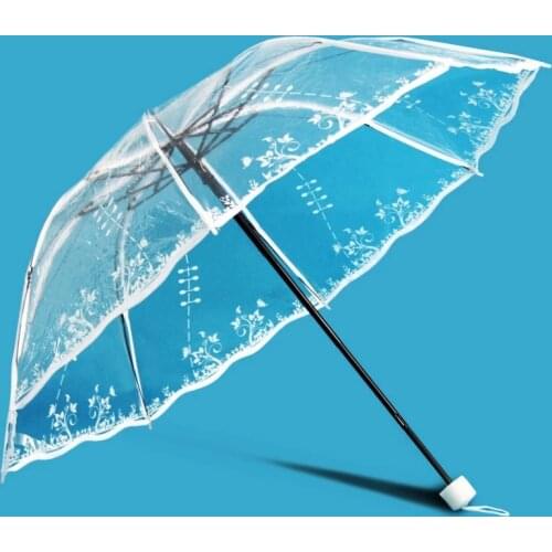 Transparent Fold PVC Clear Flower Printed Women Rainy Umbrellas White Rose Cherry Wedding Umbrella Outdoor Waterproof Parasol