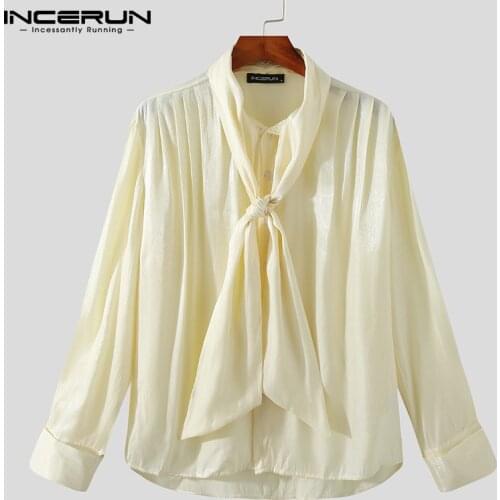 Men Shirt Solid Color V Neck Long Sleeve Streetwear Folds Elegant Vintage Men Clothing WIth Tie 2021 Loose Casual Camisa INCERUN