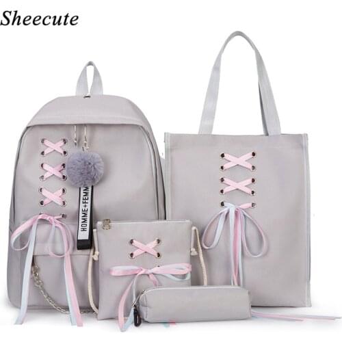 Fashion Canvas Backpack Women Ribbon School Bags for Teenage Girls Female Laptop Backpack Canvas Girl Backpack 4 Pcs/set