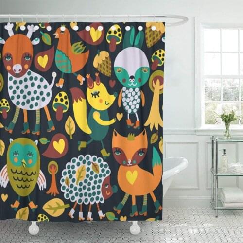 Creatures Colorful Woodland Animals and Birds Badger Bear Bunny Shower Curtain Waterproof 72 x 78 Inches Set with Hooks