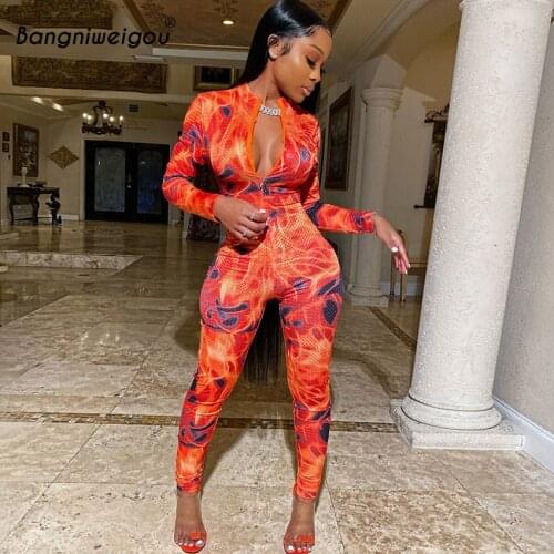 Bangniweigou Zip Up Printed Bodycon Jumpsuit Women Camouflage Skinny Orange Pink Long Body Suit Female Party Club Overalls