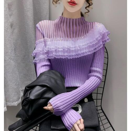 2021 New Winter Women New Fashion Streetwear Long Sleeve Round Neck Beaded Tassels Lace Decoration Knitted Sweater