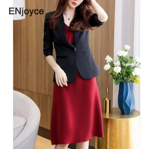 Spring Summer Women Sets Vintage Slim Black Blazer and Red Dress Two Pieces Set Office Ladies Work Wear Business Uniform Suit