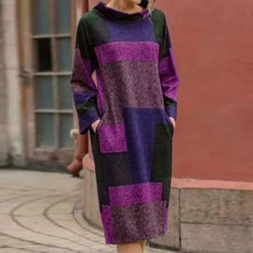 Women Casual O-Neck Long Sleeve Spring Autumn Vintage Stitching Elegant Dress 2021 Spring Casual Loose Dresses Streetwear