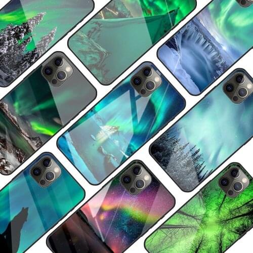 Northern Lights Sky Tempered Glass Phone Case for iPhone 11 12 Pro XR X 7 8 XS Max 6 6S Plus SE 2020 Mobile Phones Cover Coque