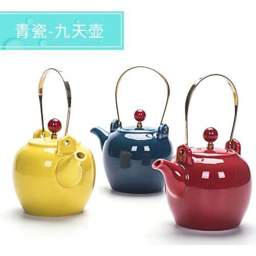 Celadon Handle Pot Porcelain TeaPot Home Ceramic Chinese Tea Set Simple Solid Color Hotel Restaurant Kettle about 310ML