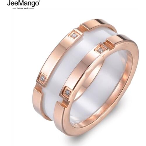 JeeMango Classic Mosaic Cubic Zirconia Crystal Party Rings Titanium Stainless Steel Ceramic Wedding Rings For Women JR17039